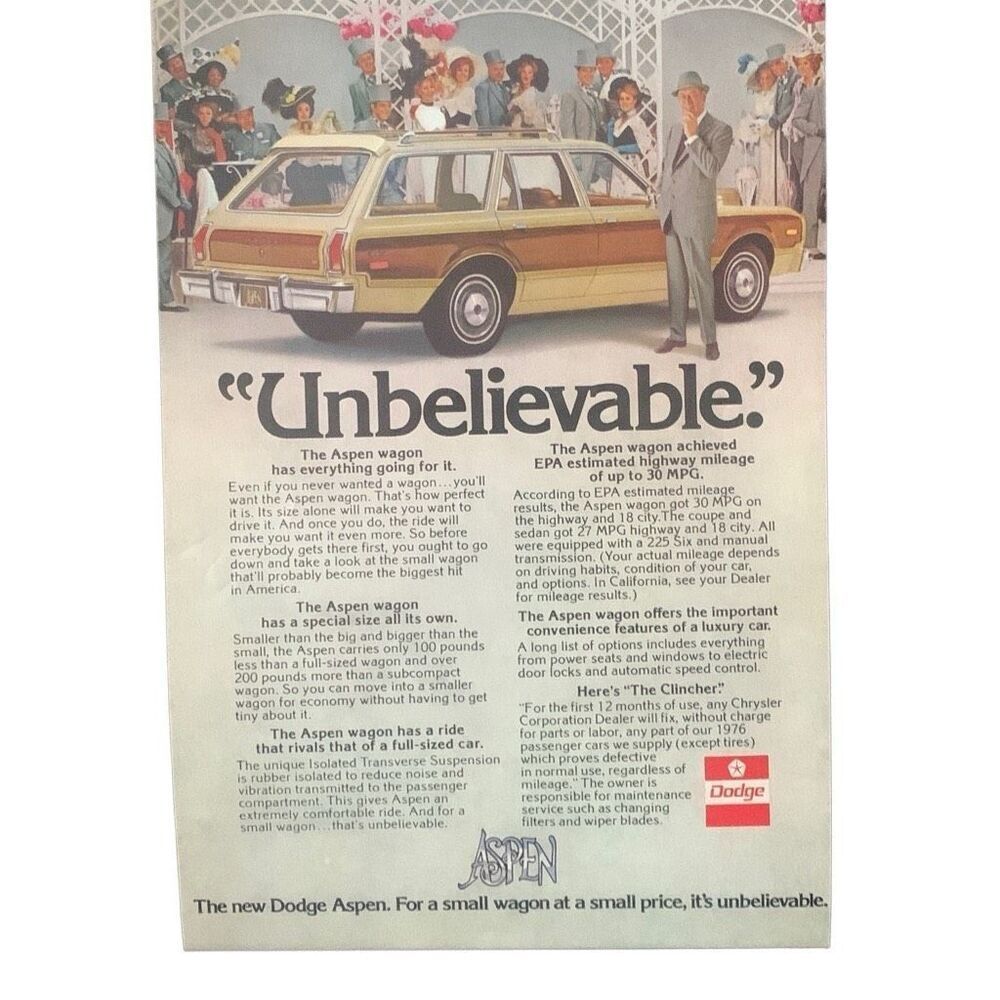 Vintage 1976 Dodge Aspen Wagon Unbelievable Ad Advertisement
